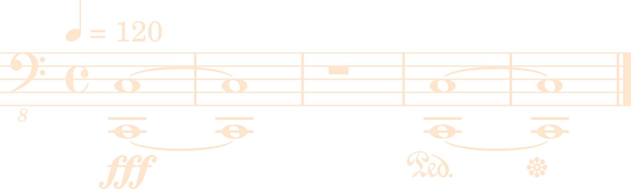 Partitura de 2 dós graves em oitava, tocados 2 vezes. Na segunda, o pedal é pressionado e solto